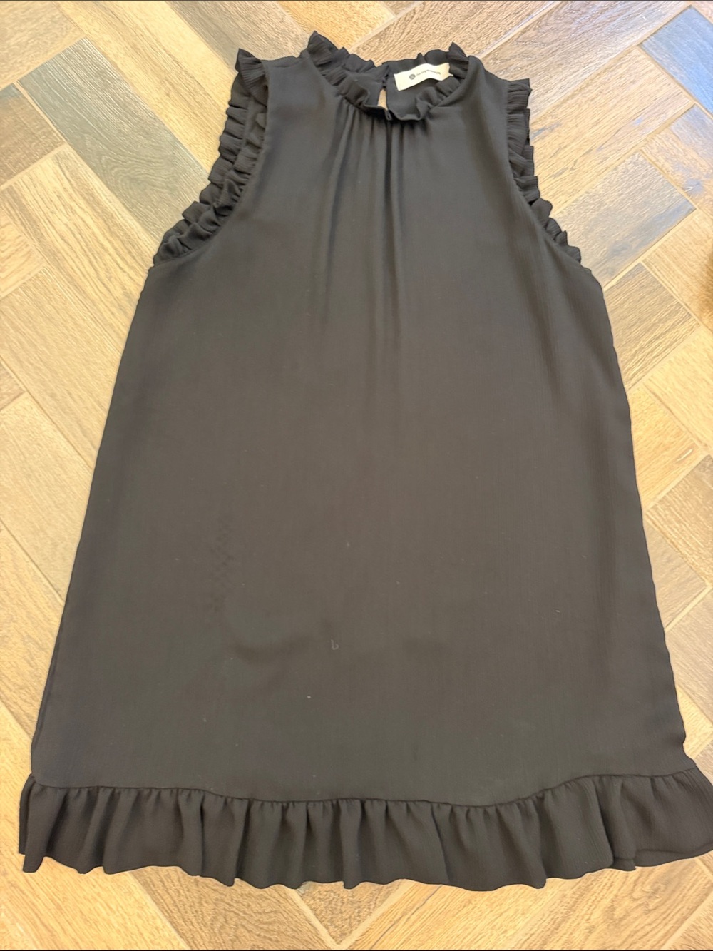 The Impeccable Pig Black Sleeveless Ruffle Trim Shift Dress